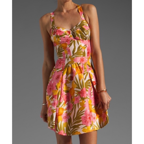 NWOT Silk fit and flare dress in tropic print - Picture 3 of 8